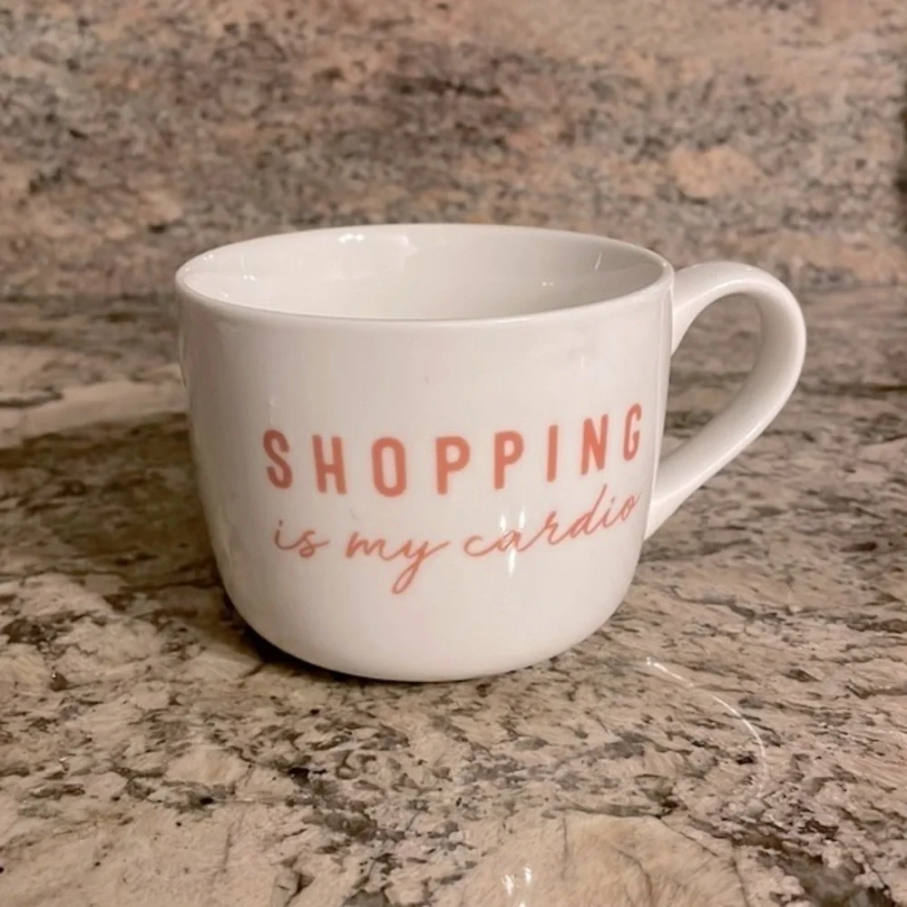 OPALHOUSE 14 ounce SHOPPING is my cardio MUG porcelain white with pink writing